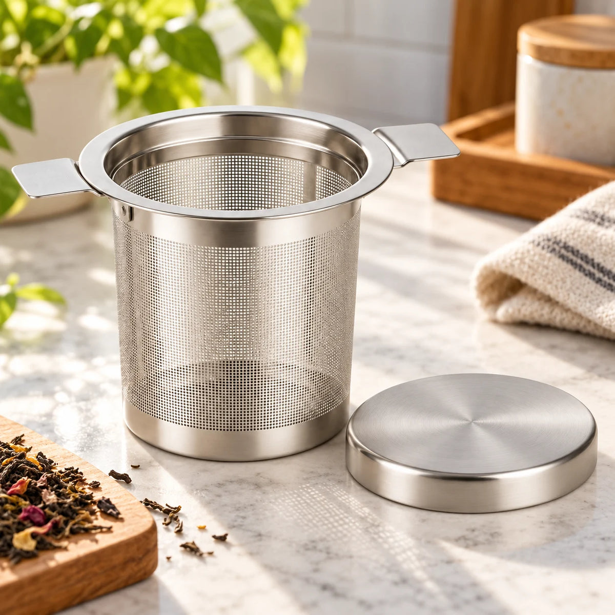 Tea Infuser Basket with Lid — lifestyle view